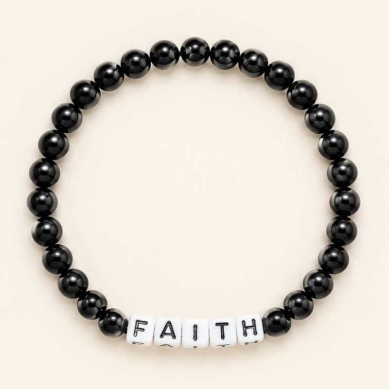 Buddha Stones Schwarzes Obsidian-Armband mit den Buchstaben „FAITH“ (Glaube) zur Reinigung - Schwarzer Obsidian (Reinigung ♥ Transformation) - image 0