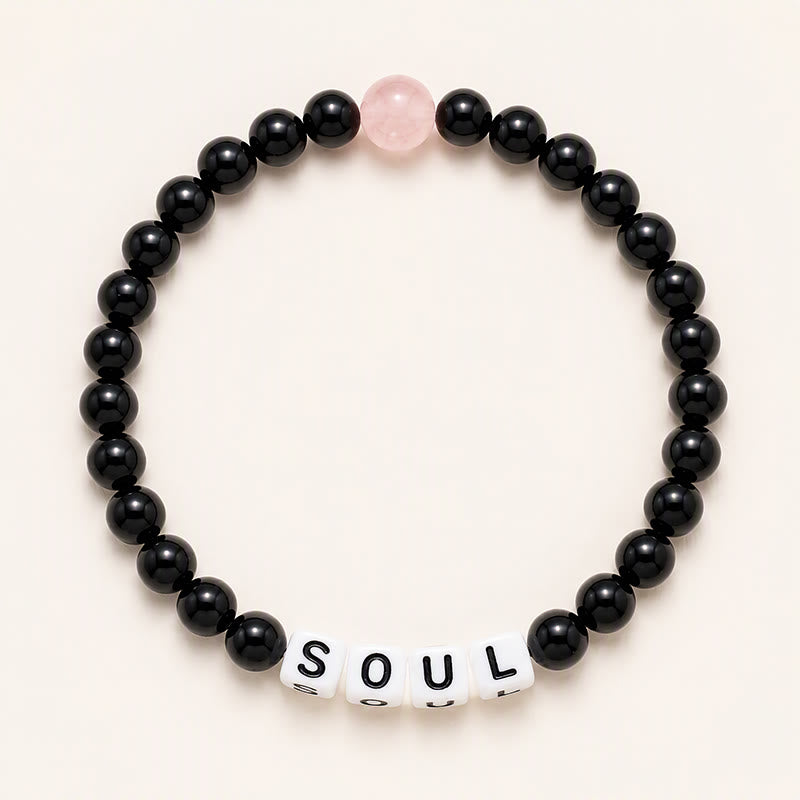 Buddha Stones Armband aus schwarzem Obsidian und Rosenquarz mit den Buchstaben „Seele“ und „Partner“ für Paare - Schwarzer Obsidian (Herrenstil) - image 1