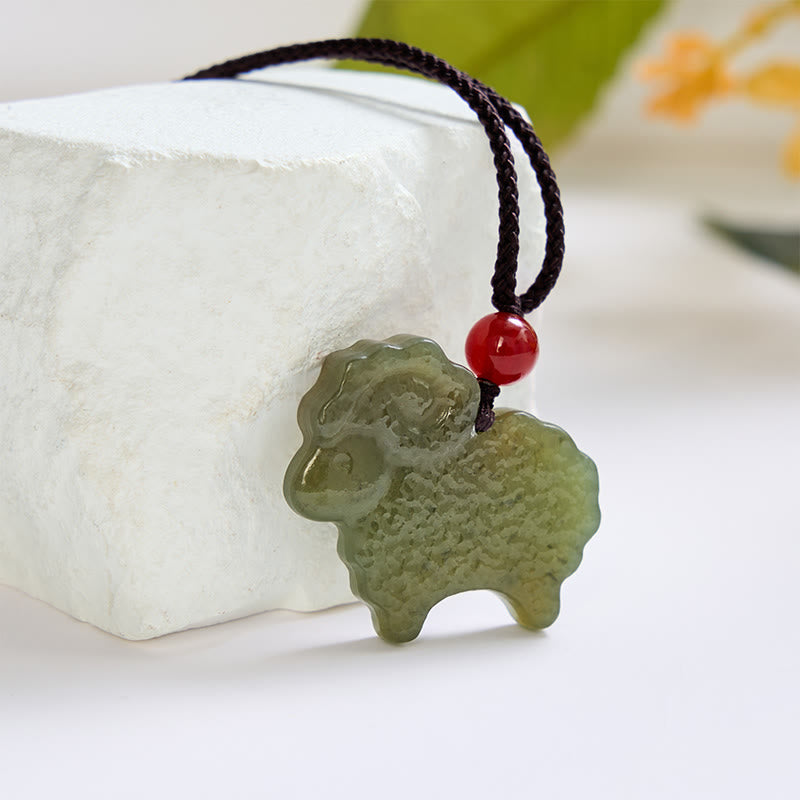 Buddha Stones Halskette mit Anhänger in Form eines chinesischen Tierkreiszeichens aus grünem Hetian-Jade (Ziege) - Jade (Glück♥Schutz) - image 0