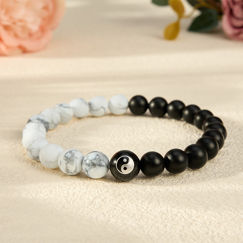 Buddha Stones Schwarzes Onyx-Weißtürkis-Yin-Yang-Armband mit runden Perlen aus schwarzem Obsidian - Schwarzer Onyx und weißer Türkis - 5,9–6,3 Zoll (15–16 cm) - image 17