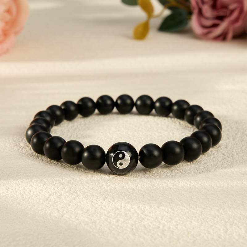 Buddha Stones Schwarzes Onyx-Weißtürkis-Yin-Yang-Armband mit runden Perlen aus schwarzem Obsidian - Schwarzer Onyx - 5,9–6,3 Zoll (15–16 cm) - image 0