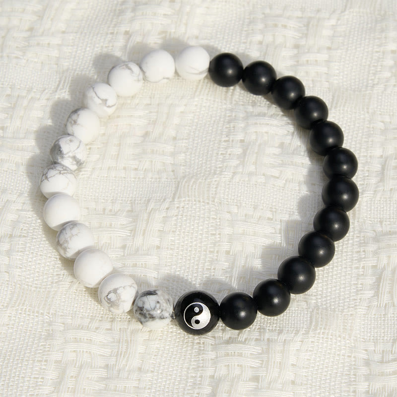 Buddha Stones Schwarzes Onyx-Weißtürkis-Yin-Yang-Armband mit runden Perlen aus schwarzem Obsidian - image 18