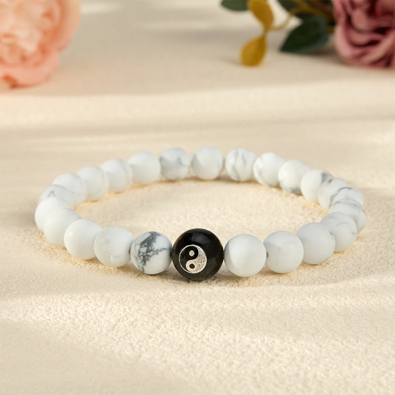 Buddha Stones Schwarzes Onyx-Weißtürkis-Yin-Yang-Armband mit runden Perlen aus schwarzem Obsidian - Weißer Türkis - 5,9–6,3 Zoll (15–16 cm) - image 11