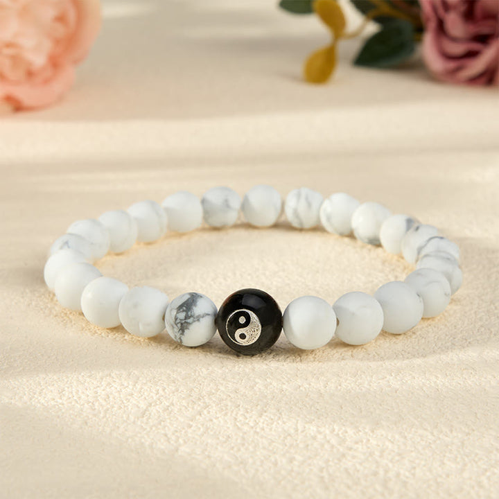 Buddha Stones Schwarzes Onyx-Weißtürkis-Yin-Yang-Armband mit runden Perlen aus schwarzem Obsidian - Weißer Türkis - 5,9–6,3 Zoll (15–16 cm) - image 11