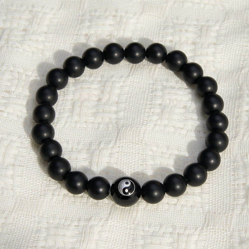 Buddha Stones Schwarzes Onyx-Weißtürkis-Yin-Yang-Armband mit runden Perlen aus schwarzem Obsidian - image 1