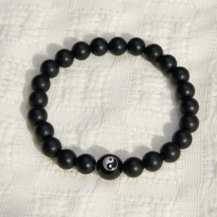 Buddha Stones Schwarzes Onyx-Weißtürkis-Yin-Yang-Armband mit runden Perlen aus schwarzem Obsidian - image 1