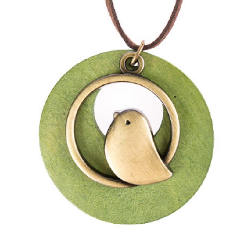 Buddha Stones Halskette mit rundem Vogelanhänger aus Holz im Vintage-Stil - Grün - image 1