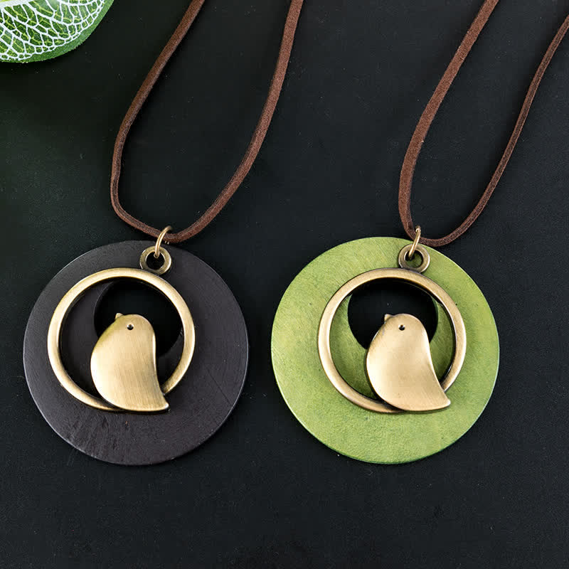 Buddha Stones Halskette mit rundem Vogelanhänger aus Holz im Vintage-Stil - image 0