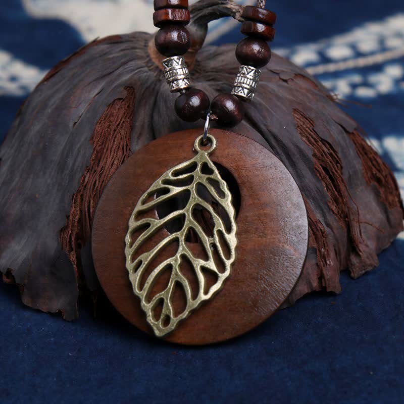 Buddha Stones Halskette mit Anhänger „Baum des Lebens“ aus Leder und Holz - image 1