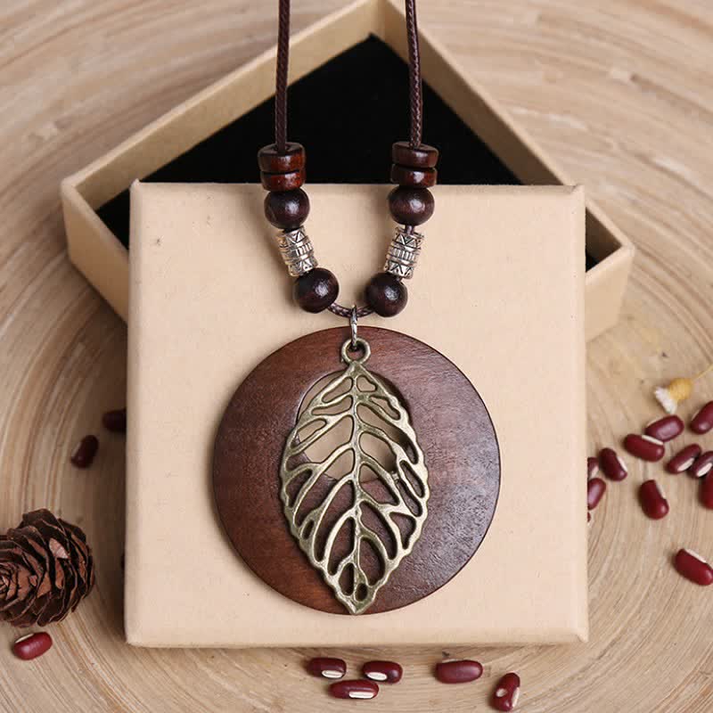 Buddha Stones Halskette mit Anhänger „Baum des Lebens“ aus Leder und Holz - Gold - image 0