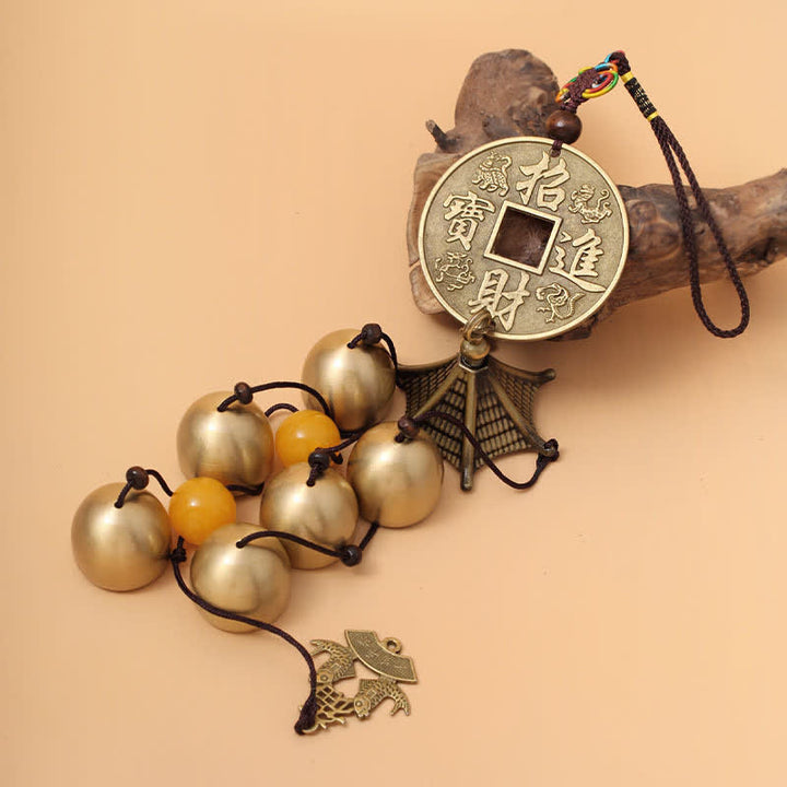 Buddha Stones Glückspagode mit Koi-Karpfen aus Messingmünzen, hängenden Glocken und Klangspielen - image 2