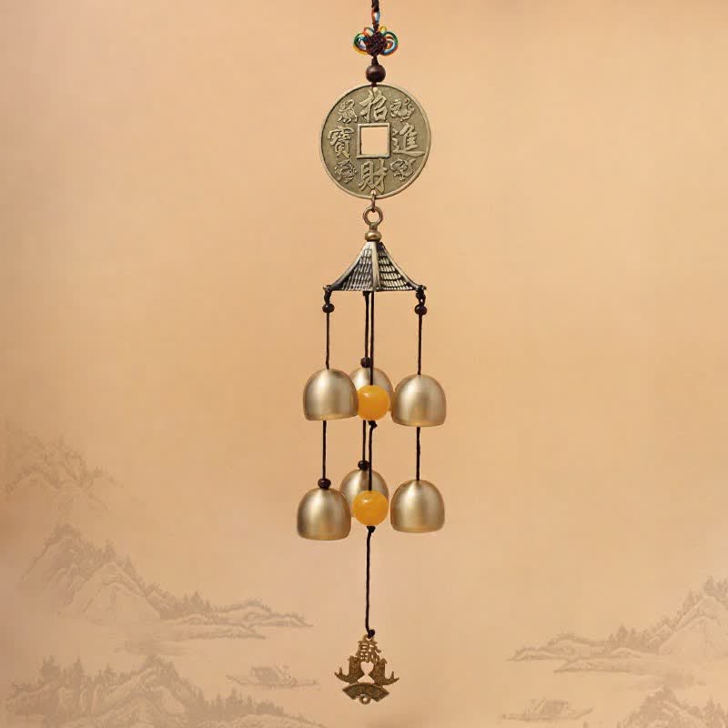 Buddha Stones Glückspagode mit Koi-Karpfen aus Messingmünzen, hängenden Glocken und Klangspielen - image 3