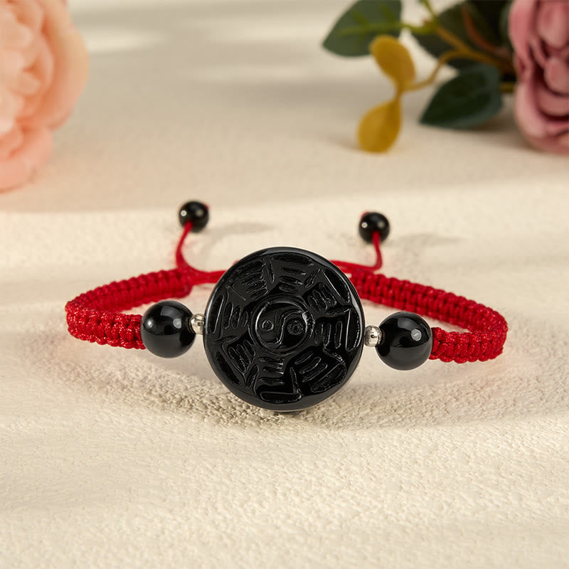 Buddha Stones Armband aus rotem Faden und schwarzem Obsidian mit rundem Bagua-Motiv - image 0