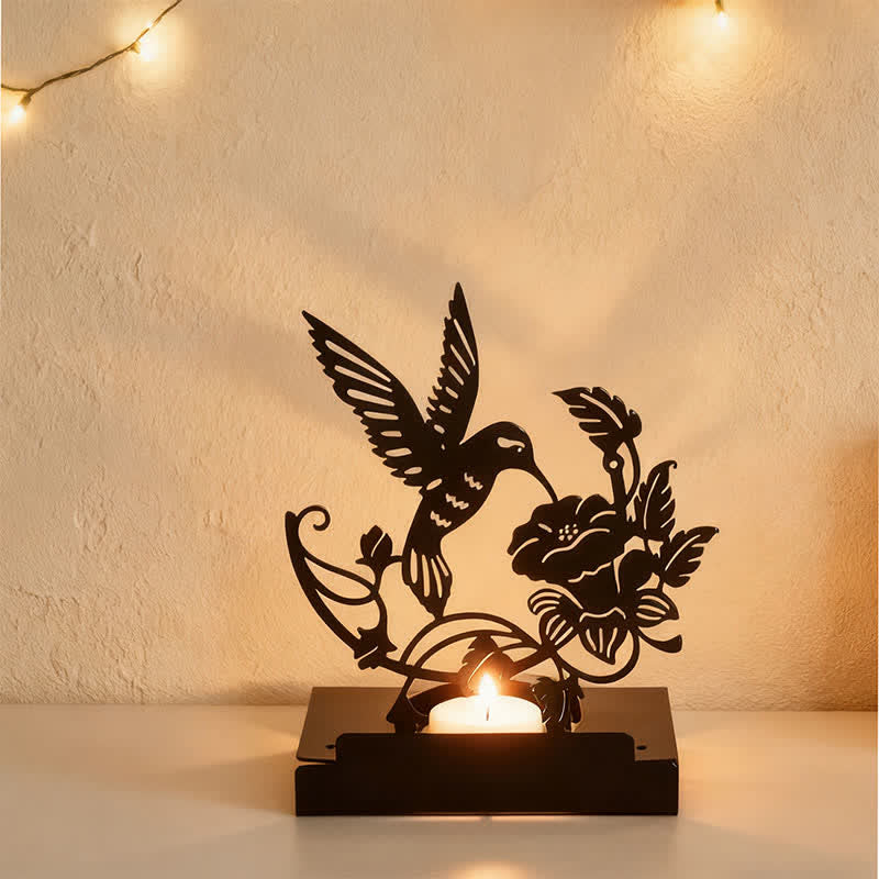 Buddha Stones Schwarzer Eisen-Kerzenhalter mit Vogel-Elefanten-Silhouette - image 1