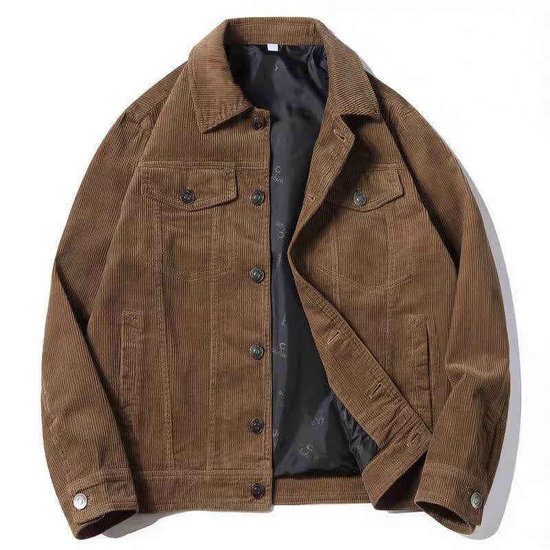 Buddha Stones Herbstliche, schlichte Herren-Cordjacke im Vintage-Stil mit Knopfleiste und Tasche - Dunkelgoldenrod - US/ UK/AU44, EU54 (4XL) - image 0