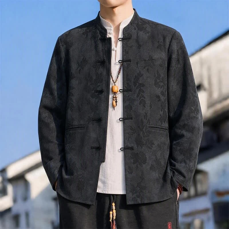 Buddha Stones Herbst/Winter Vintage Tang Stil Herrenjacke mit Stehkragen, abstraktem Blättermuster und Tasche - Schwarz - US/ UK/AU42, EU52 (4XL) - image 0