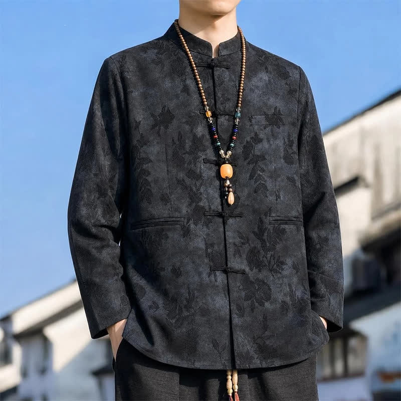 Buddha Stones Herbst/Winter Vintage Tang Stil Herrenjacke mit Stehkragen, abstraktem Blättermuster und Tasche - image 1