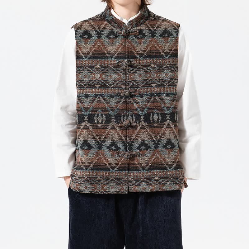 Buddha Stones Vintage-Tanktop im Tang-Stil mit Stehkragen und geometrischen Mustern für Herbst und Winter - Bräunen - US/ UK/AU46, EU56 (5XL) - image 0