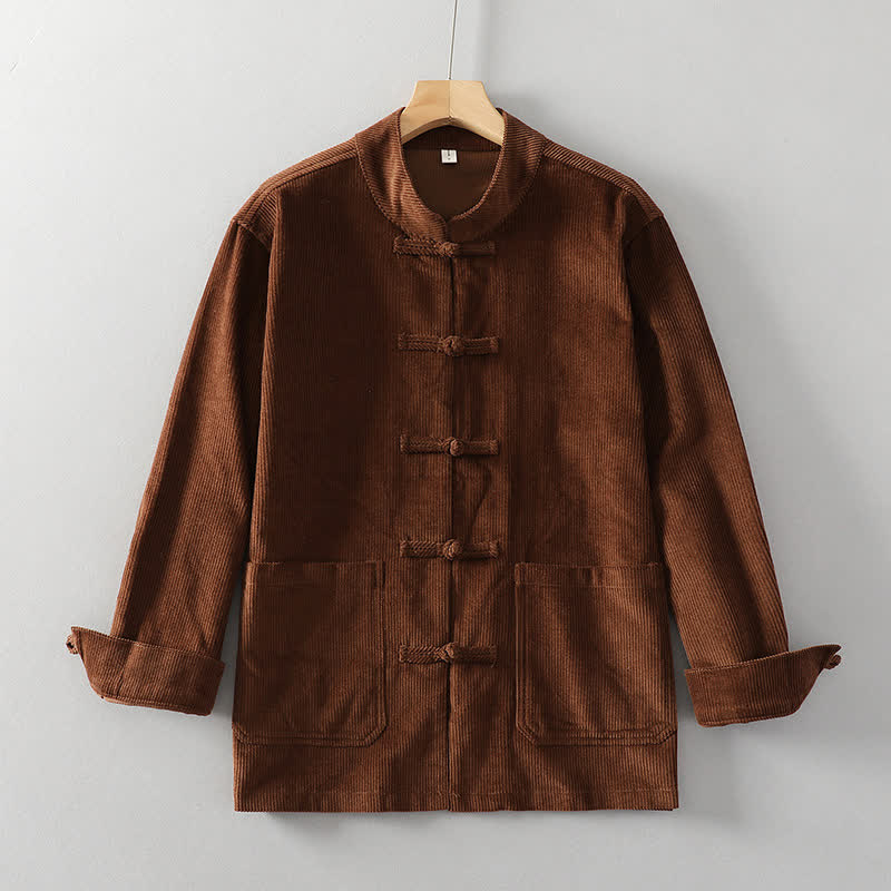 Buddha Stones Herbst/Winter Tang Style Vintage Herrenjacke aus einfarbigem Cord mit Froschknöpfen und Taschen - image 1
