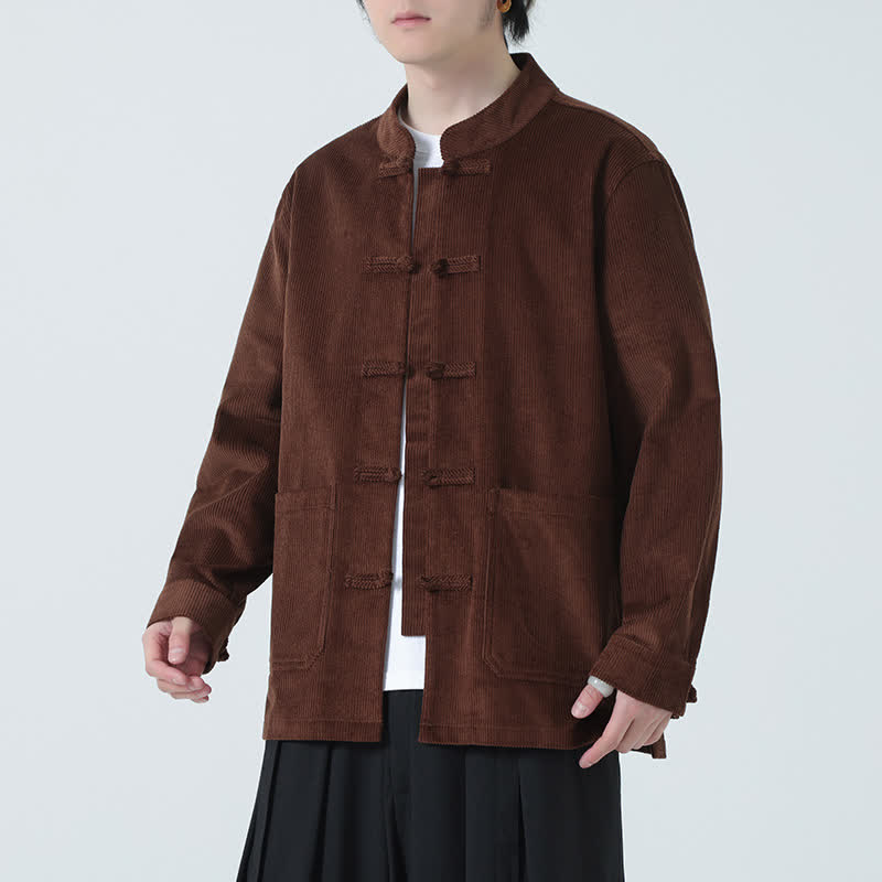 Buddha Stones Herbst/Winter Tang Style Vintage Herrenjacke aus einfarbigem Cord mit Froschknöpfen und Taschen - Sattelbraun - US/ UK/AU46, EU56 (5XL) - image 0