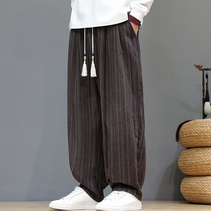 Buddha Stones Lässige, gestreifte Herrenhose mit Kordelzug und Taschen für den Herbst - Sattelbraun - US/ UK/AU46, EU56 (5XL) - image 0