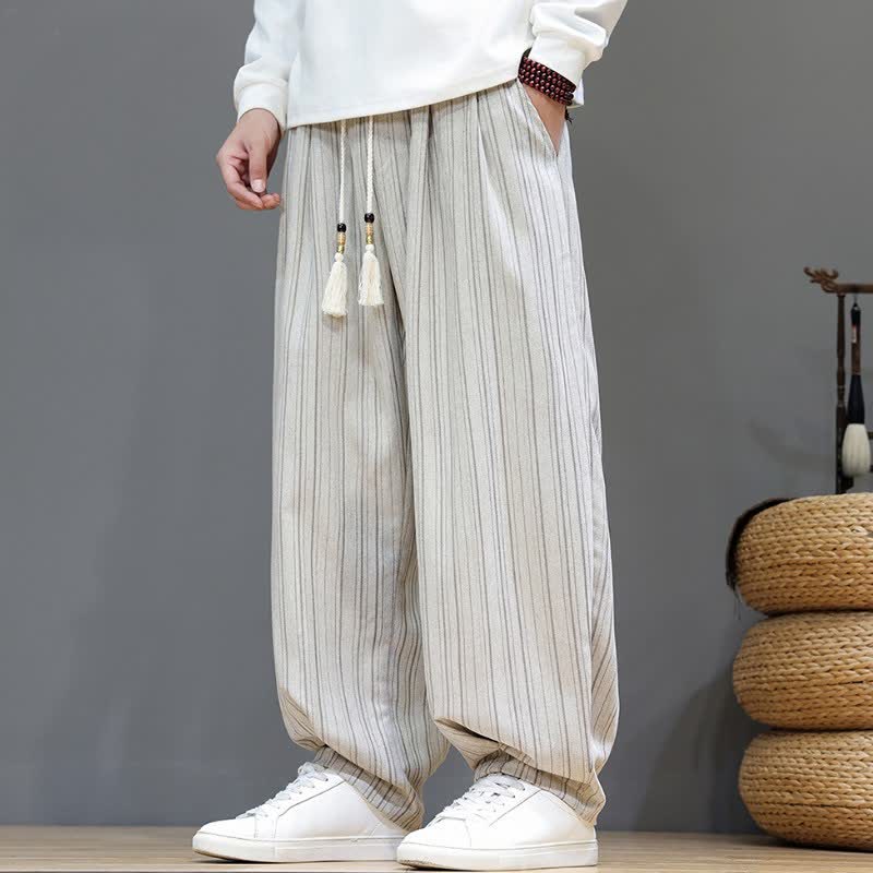 Buddha Stones Lässige, gestreifte Herrenhose mit Kordelzug und Taschen für den Herbst - Weiß - US/ UK/AU46, EU56 (5XL) - image 27