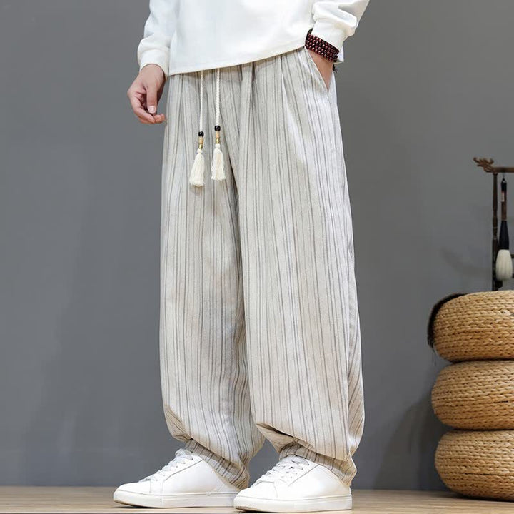 Buddha Stones Lässige, gestreifte Herrenhose mit Kordelzug und Taschen für den Herbst - Weiß - US/ UK/AU46, EU56 (5XL) - image 27