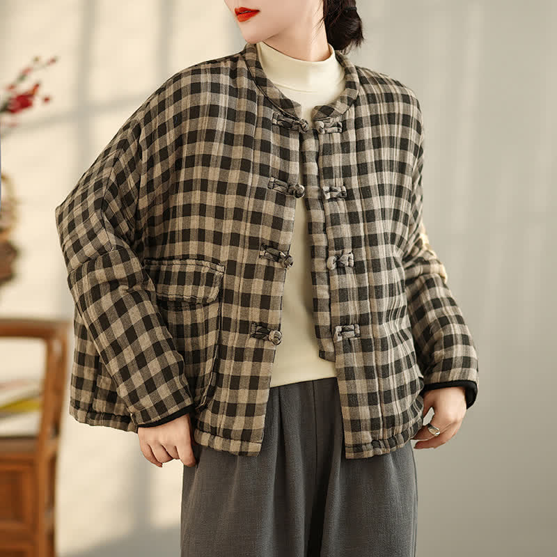 Buddha Stones Herbst/Winter Lässige Vintage-Damenjacke im Tang-Stil, hellbraun kariert, mit Taschen - Bräunen - US4-12, UK/AU8-16, EU36-44 (F) - image 0