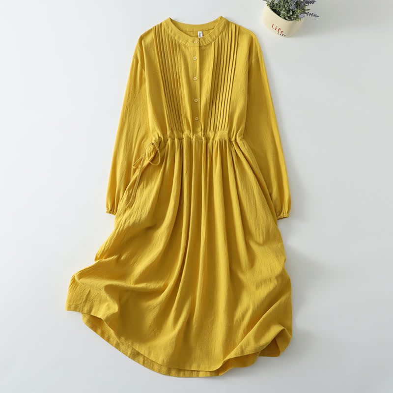 Buddha Stones Lässiges Vintage-Kleid für Damen im Herbst- und Winterstil mit Knopfleiste, Kordelzug, langen Ärmeln und Tasche. Aus Baumwoll-Leinen-Mischgewebe. - Goldrute - US 8-10, UK/AU 12-14, EU 40-42 (2XL) - image 0