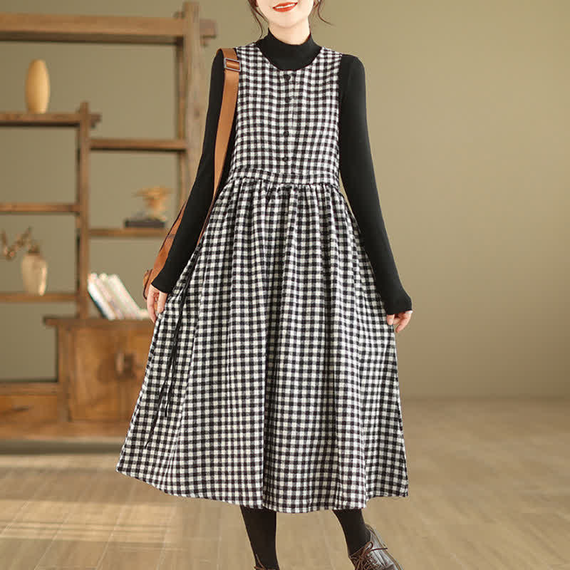 Buddha Stones Herbst/Winter Lässiges Vintage-Winterkleid für Damen mit hohem Bund, Karomuster, ärmellos und mit Taschen - Grau - US8-10, UK/AU12-14, EU40-42 (2XL) - image 0