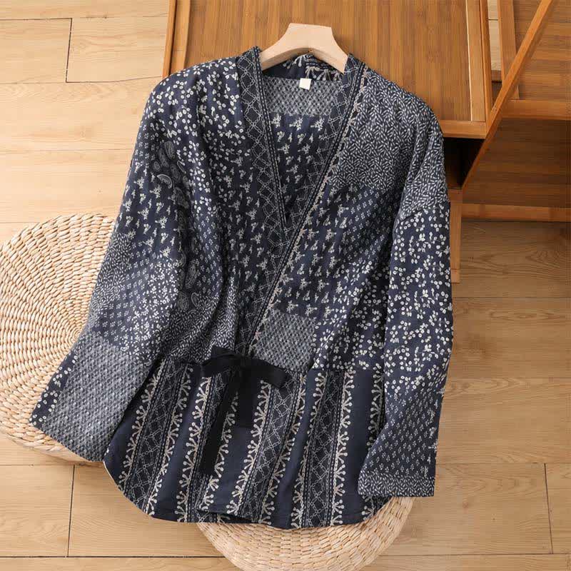 Buddha Stones Herbst/Winter Lässiger Boho-Kimono für Damen mit Kordelzug, floralem Patchwork und Taschen - Mitternachtsblau - US4-8/10, UK/AU8-12/14, EU36-40/42 (F) - image 0