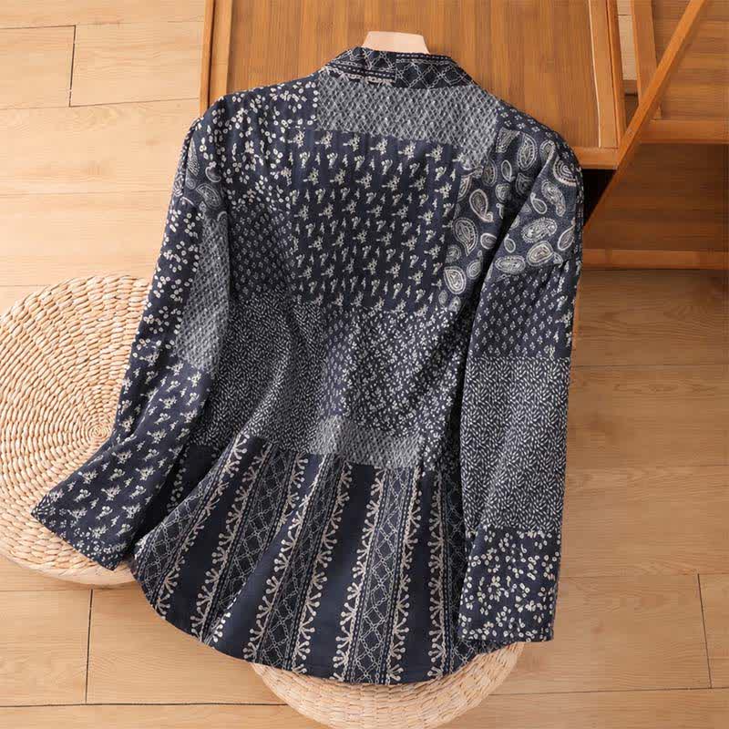 Buddha Stones Herbst/Winter Lässiger Boho-Kimono für Damen mit Kordelzug, floralem Patchwork und Taschen - image 1