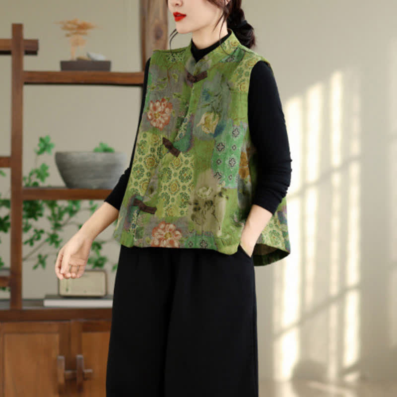Buddha Stones Vintage-Tanktop im Tang-Stil mit Froschknöpfen und Blumenmuster für Damen - image 1