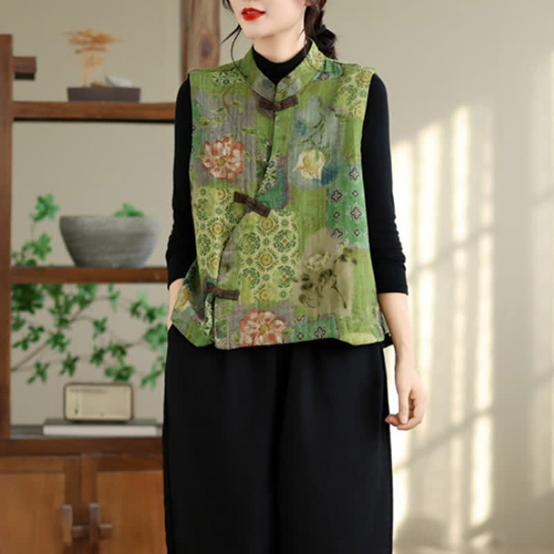 Buddha Stones Vintage-Tanktop im Tang-Stil mit Froschknöpfen und Blumenmuster für Damen - Gelbgrün - US4-6, UK/AU8-10, EU36-38 (F) - image 0