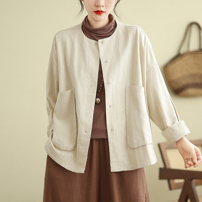 Buddha Stones Lässige, einfarbige Damenjacke im Retro-Stil mit Knopfleiste und Taschen für Frühling und Herbst - Leinen - US14, UK/AU18, EU46 (2XL) - image 0