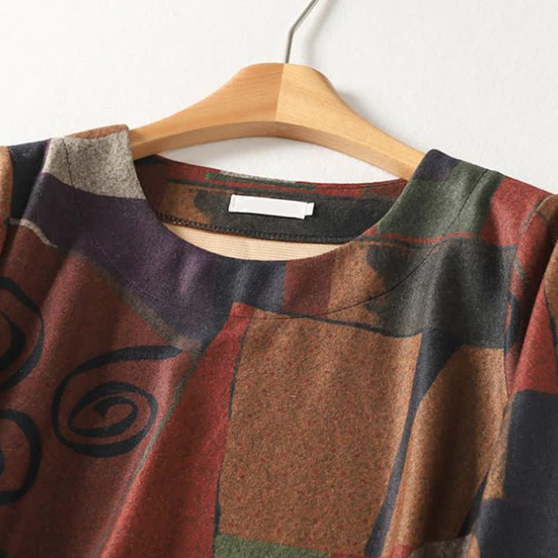Buddha Stones Herbst/Winter Vintage Boho Geometrisches Patchwork Abstraktes Baumwollkleid für Damen Langarm mit Taschen - image 2