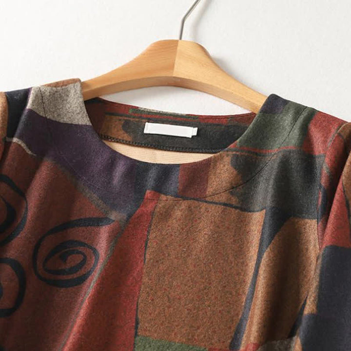 Buddha Stones Herbst/Winter Vintage Boho Geometrisches Patchwork Abstraktes Baumwollkleid für Damen Langarm mit Taschen - image 2