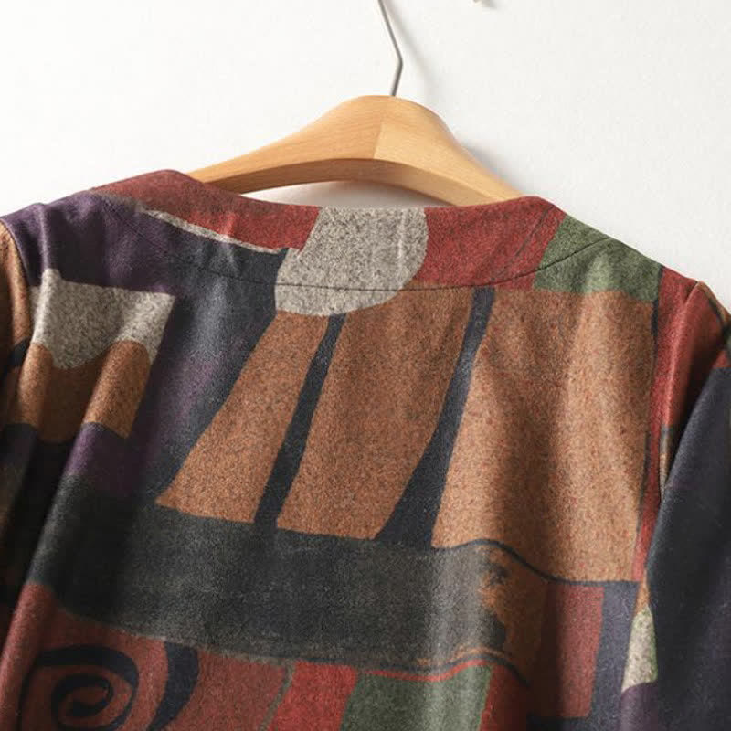 Buddha Stones Herbst/Winter Vintage Boho Geometrisches Patchwork Abstraktes Baumwollkleid für Damen Langarm mit Taschen - image 3