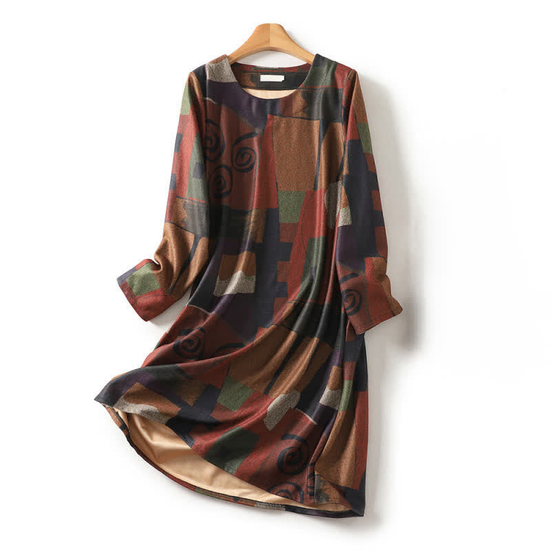 Buddha Stones Herbst/Winter Vintage Boho Geometrisches Patchwork Abstraktes Baumwollkleid für Damen Langarm mit Taschen - Sienna - US8-10, UK/AU12-14, EU40-42 (2XL) - image 0