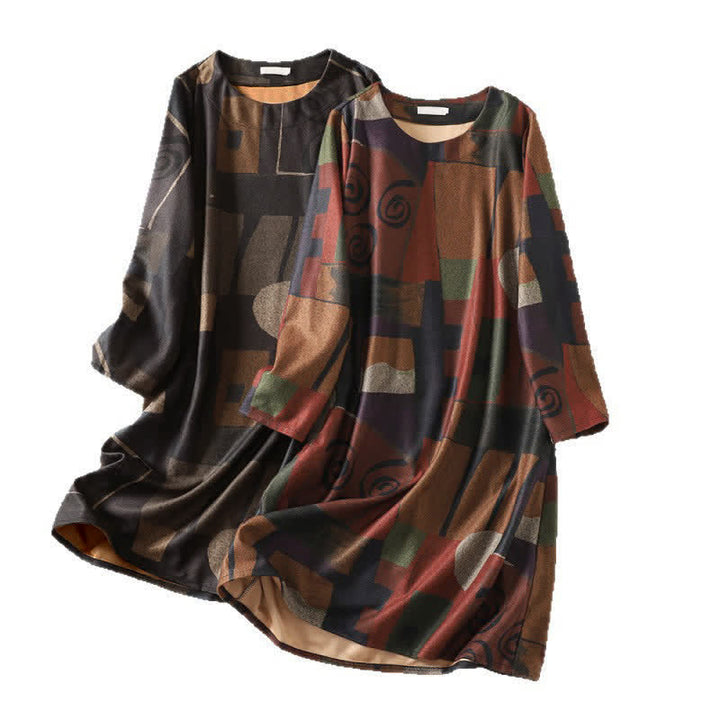 Buddha Stones Herbst/Winter Vintage Boho Geometrisches Patchwork Abstraktes Baumwollkleid für Damen Langarm mit Taschen - image 10