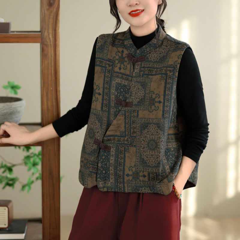 Buddha Stones Vintage-Tanktop im Tang-Stil mit Stehkragen, Froschknöpfen und geometrischem Muster, Damenweste für Herbst und Winter - SteelBlue - US 8-10, UK/AU 12-14, EU 40-42 (2XL) - image 0