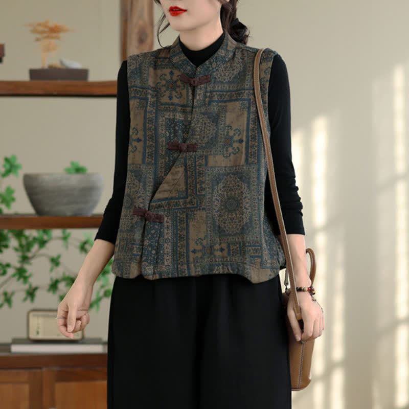 Buddha Stones Vintage-Tanktop im Tang-Stil mit Stehkragen, Froschknöpfen und geometrischem Muster, Damenweste für Herbst und Winter - image 1