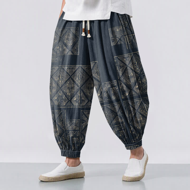 Buddha Stones Herren-Haremshose aus reiner Baumwolle mit ethnischem Gittermuster, Kordelzug und Taschen - Dunkelgrau - US/ UK/AU50, EU60 (5XL) - image 0