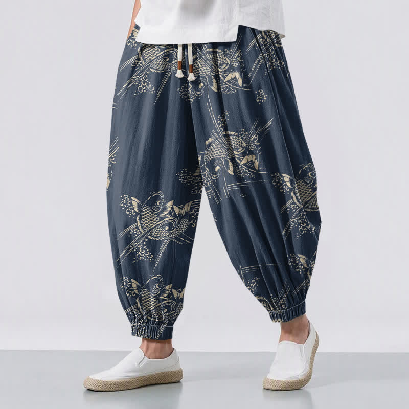 Buddha Stones Herren-Haremshose aus reiner Baumwolle mit Koi-Fisch-Muster, Kordelzug und Taschen - Marine - US/ UK/AU50, EU60 (5XL) - image 6