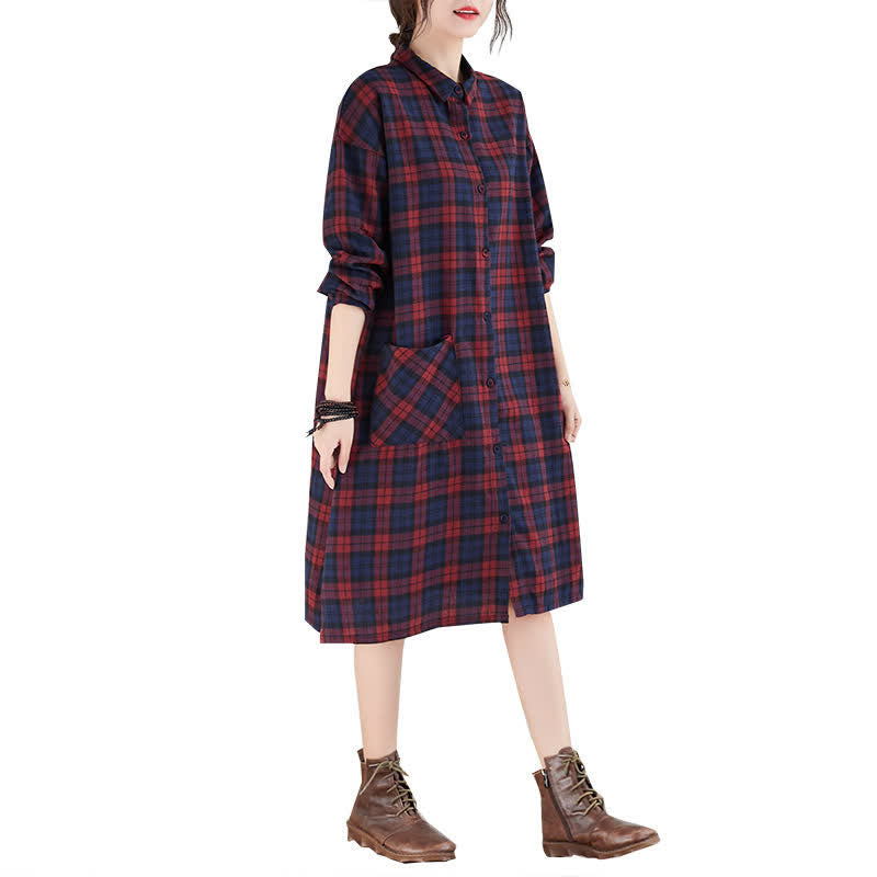 Buddha Stones Lässiges Vintage-Kleid für Damen mit Knopfleiste, Karomuster, langen Ärmeln und Tasche für den Herbst. - image 10