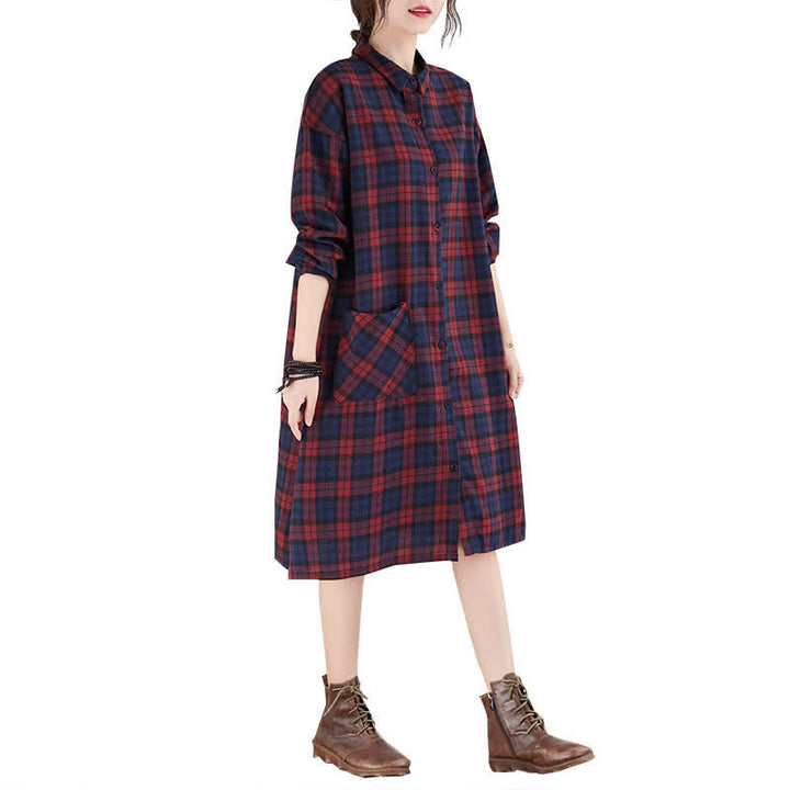 Buddha Stones Lässiges Vintage-Kleid für Damen mit Knopfleiste, Karomuster, langen Ärmeln und Tasche für den Herbst. - image 10