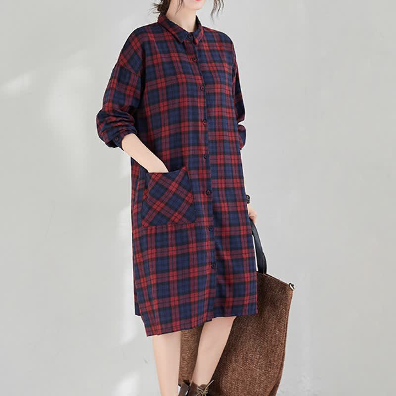 Buddha Stones Lässiges Vintage-Kleid für Damen mit Knopfleiste, Karomuster, langen Ärmeln und Tasche für den Herbst. - image 1