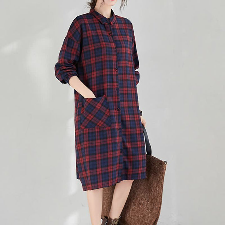 Buddha Stones Lässiges Vintage-Kleid für Damen mit Knopfleiste, Karomuster, langen Ärmeln und Tasche für den Herbst. - image 1