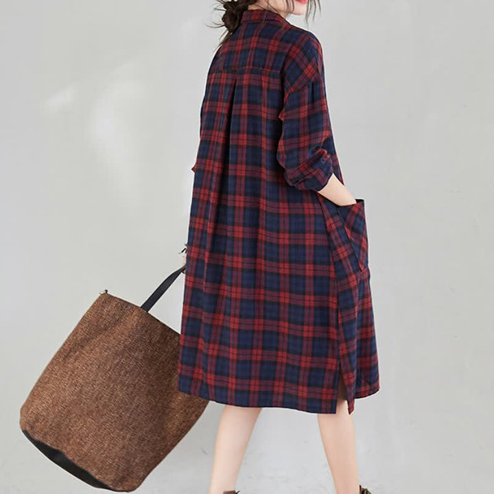Buddha Stones Lässiges Vintage-Kleid für Damen mit Knopfleiste, Karomuster, langen Ärmeln und Tasche für den Herbst. - image 3