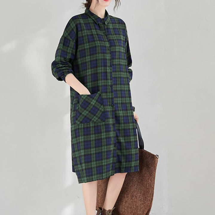 Buddha Stones Lässiges Vintage-Kleid für Damen mit Knopfleiste, Karomuster, langen Ärmeln und Tasche für den Herbst. - image 18